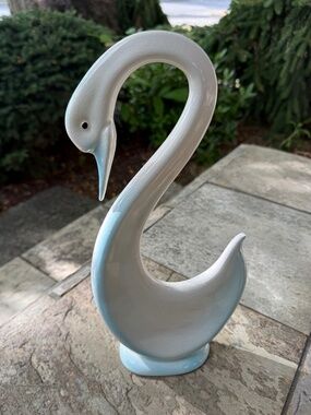 60s Ceramic Swan 13” Tall White & Blue Mcm Decor Mid Century Modern Bird Statue.